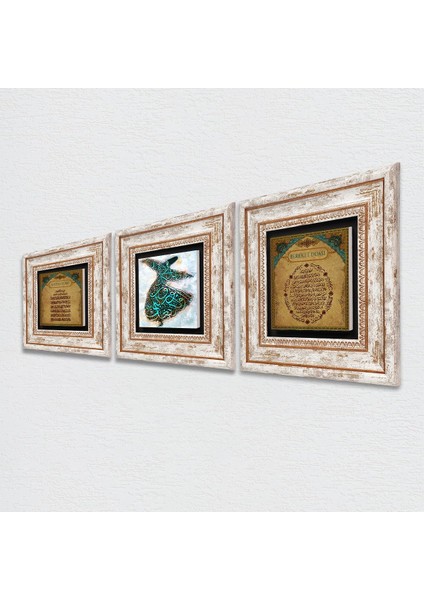 Semazen, Bereket Duası, Ayet-el Kürsi Taş Duvar Tablosu Çerçeveli Duvar Dekoru 3 Parça Tablo Seti Wall Art T3-176