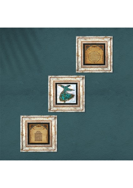 Semazen, Bereket Duası, Ayet-el Kürsi Taş Duvar Tablosu Çerçeveli Duvar Dekoru 3 Parça Tablo Seti Wall Art T3-176
