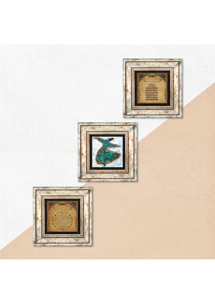 Semazen, Bereket Duası, Ayet-el Kürsi Taş Duvar Tablosu Çerçeveli Duvar Dekoru 3 Parça Tablo Seti Wall Art T3-176