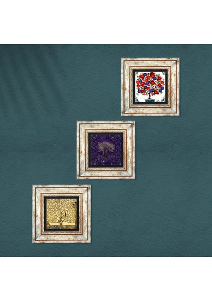 Hayat Ağacı, Nar Ağacı Taş Duvar Tablosu Çerçeveli Duvar Dekoru 3 Parça Tablo Seti Wall Art T3-1766 fırsatları