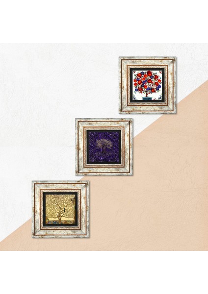 Hayat Ağacı, Nar Ağacı Taş Duvar Tablosu Çerçeveli Duvar Dekoru 3 Parça Tablo Seti Wall Art T3-1766 indirimleri