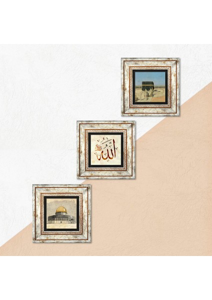 Stone Kabe-i Muazzama, Mescid-i Aksa, Allah Lafzı Çerçeveli Taş Duvar Tablosu 3’lü Set - Dekoratif Modern Sanat, Ev ve Ofis Dekoru |TK3-1789| indirimleri