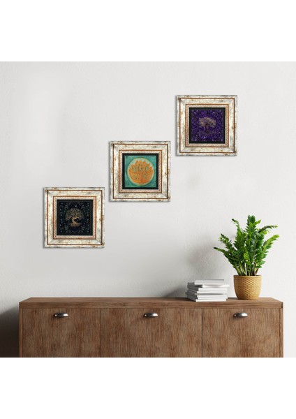 Lotus Çiçeği, Hayat Ağacı Taş Duvar Tablosu Çerçeveli Duvar Dekoru 3 Parça Tablo Seti Wall Art T3-1929
