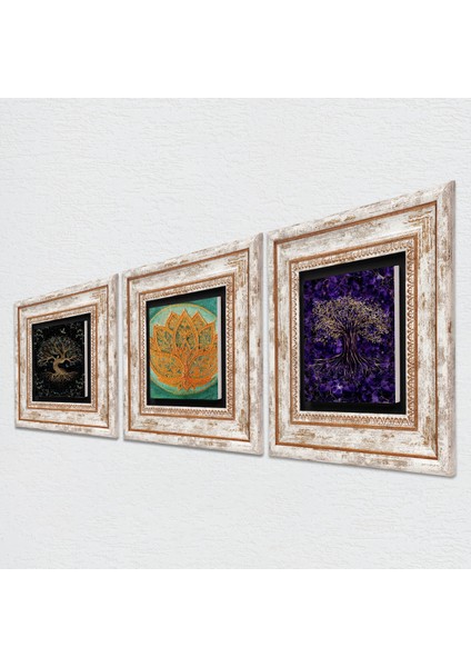 Lotus Çiçeği, Hayat Ağacı Taş Duvar Tablosu Çerçeveli Duvar Dekoru 3 Parça Tablo Seti Wall Art T3-1929 fiyatları
