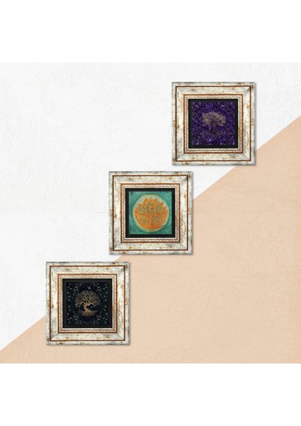 Lotus Çiçeği, Hayat Ağacı Taş Duvar Tablosu Çerçeveli Duvar Dekoru 3 Parça Tablo Seti Wall Art T3-1929 indirimleri