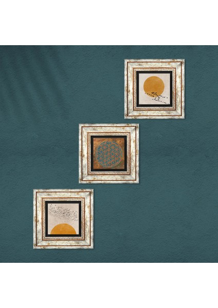 Minimalist, Yaşam Çiçeği Çerçeveli Taş Duvar Tablosu 3’lü Set - Dekoratif Modern Sanat, Ev ve Ofis Dekoru |TK3-1933| fırsatları