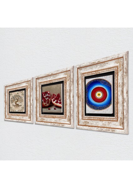 Nazar, Hayat Ağacı, Nar Çerçeveli Taş Duvar Tablosu 3’lü Set - Dekoratif Modern Sanat, Ev ve Ofis Dekoru |TK3-946| fiyatları