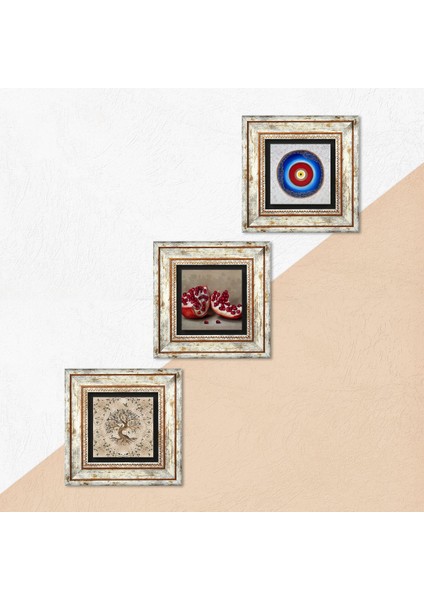 Nazar, Hayat Ağacı, Nar Çerçeveli Taş Duvar Tablosu 3’lü Set - Dekoratif Modern Sanat, Ev ve Ofis Dekoru |TK3-946| indirimleri