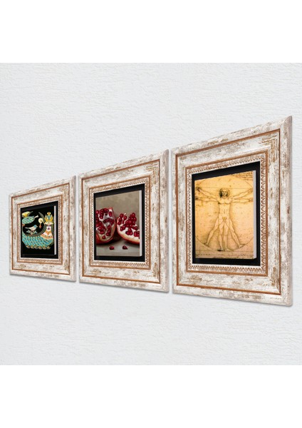 Leonardo da Vinci Vitruvius Adamı, Şahmeran, Nar Çerçeveli Taş Duvar Tablosu 3’lü Set - Dekoratif Modern Sanat, Ev ve Ofis Dekoru |TK3-959| fiyatları