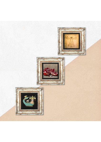 Leonardo da Vinci Vitruvius Adamı, Şahmeran, Nar Çerçeveli Taş Duvar Tablosu 3’lü Set - Dekoratif Modern Sanat, Ev ve Ofis Dekoru |TK3-959| indirimleri