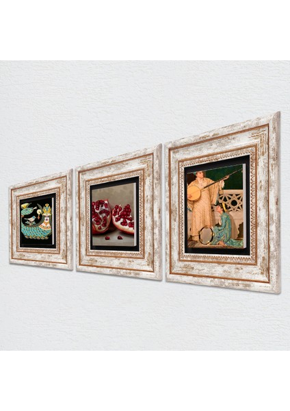 İki Müzisyen Kız Tablosu, Şahmeran, Nar Taş Duvar Tablosu Çerçeveli Duvar Dekoru 3 Parça Tablo Seti Wall Art T3-961