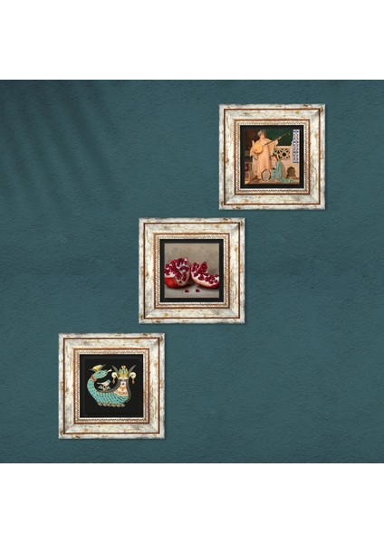 İki Müzisyen Kız Tablosu, Şahmeran, Nar Taş Duvar Tablosu Çerçeveli Duvar Dekoru 3 Parça Tablo Seti Wall Art T3-961