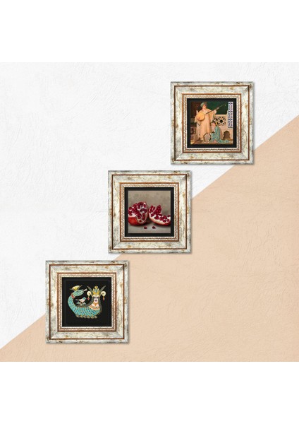 İki Müzisyen Kız Tablosu, Şahmeran, Nar Taş Duvar Tablosu Çerçeveli Duvar Dekoru 3 Parça Tablo Seti Wall Art T3-961