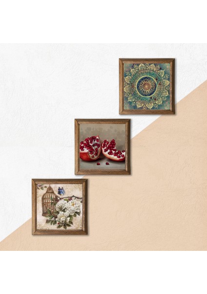 Mandala, Kelebekli Çiçek, Nar Taş Duvar Tablosu Ahşap Çerçeveli Duvar Dekoru 3 Parça Tablo Seti Wall Art W3-1103 indirimleri