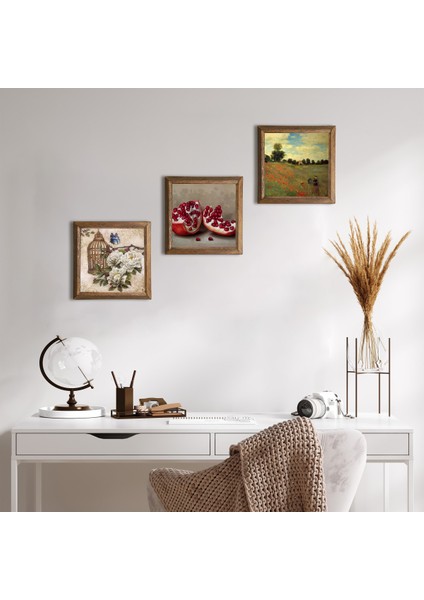 Claude Monet Gelincikler, Kelebekli Çiçek, Nar Taş Duvar Tablosu Ahşap Çerçeveli Duvar Dekoru 3 Parça Tablo Seti Wall Art W3-1109