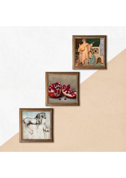 İki Müzisyen Kız, Leonardo da Vinci At Heykeli, Nar Ahşap Çerçeveli Taş Duvar Tablosu 3’lü Set – 25x25 cm Dekoratif Modern Sanat – Ev ve Ofis Dekoru |W3-1284| indirimleri