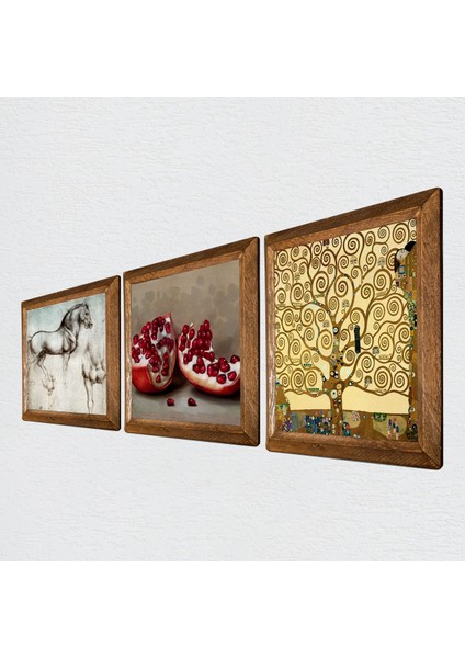 Gustav Klimt Hayat Ağacı, Leonardo da Vinci At Heykeli, Nar Taş Duvar Tablosu Ahşap Çerçeveli Duvar Dekoru 3 Parça Tablo Seti Wall Art W3-1287