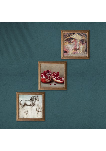 Çingene Kızı Mozaiği, Leonardo da Vinci At Heykeli, Nar Taş Duvar Tablosu Ahşap Çerçeveli Duvar Dekoru 3 Parça Tablo Seti Wall Art W3-1296