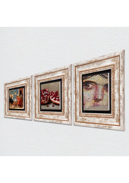 Çingene Kızı Mozaiği, Satranç Oyunu, Nar Taş Duvar Tablosu Çerçeveli Duvar Dekoru 3 Parça Tablo Seti Wall Art T3-1594