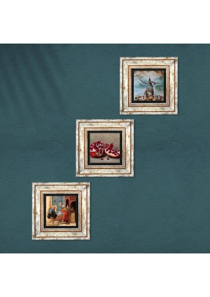 İstanbul Galata Kulesi, Satranç Oyunu, Nar Taş Duvar Tablosu Çerçeveli Duvar Dekoru 3 Parça Tablo Seti Wall Art T3-1598 fırsatları
