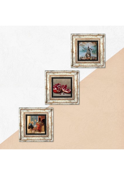 İstanbul Galata Kulesi, Satranç Oyunu, Nar Taş Duvar Tablosu Çerçeveli Duvar Dekoru 3 Parça Tablo Seti Wall Art T3-1598 indirimleri
