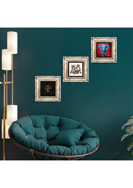 Fil, Şahmeran, Hayat Ağacı Taş Duvar Tablosu Çerçeveli Duvar Dekoru 3 Parça Tablo Seti Wall Art T3-160