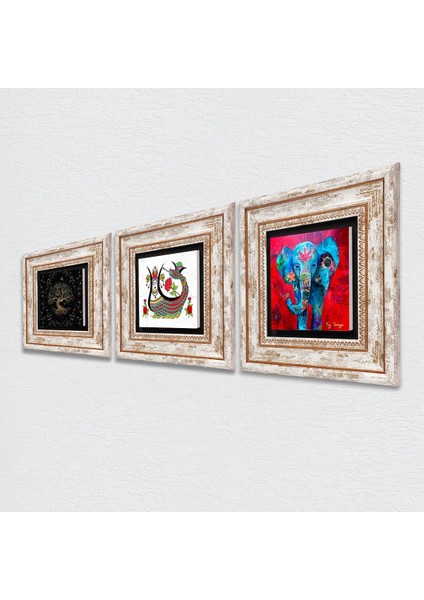 Fil, Şahmeran, Hayat Ağacı Taş Duvar Tablosu Çerçeveli Duvar Dekoru 3 Parça Tablo Seti Wall Art T3-160 fiyatları