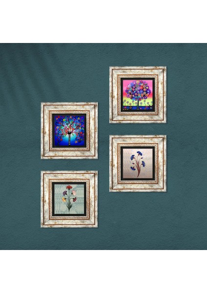 Ebru Sanatı, Hayat Ağacı Çerçeveli Taş Duvar Tablosu 4’lü Set - Dekoratif Modern Sanat, Ev ve Ofis Dekoru |TK4-844| fırsatları