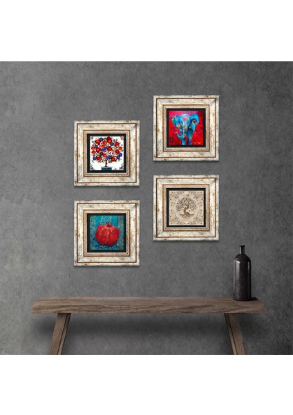 Fil, Hayat Ağacı, Nar Ağacı, Nar Taş Duvar Tablosu Çerçeveli Duvar Dekoru 4 Parça Tablo Seti Wall Art T4-875