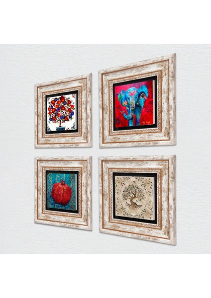 Fil, Hayat Ağacı, Nar Ağacı, Nar Taş Duvar Tablosu Çerçeveli Duvar Dekoru 4 Parça Tablo Seti Wall Art T4-875