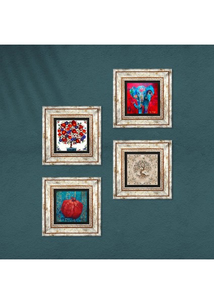 Fil, Hayat Ağacı, Nar Ağacı, Nar Taş Duvar Tablosu Çerçeveli Duvar Dekoru 4 Parça Tablo Seti Wall Art T4-875