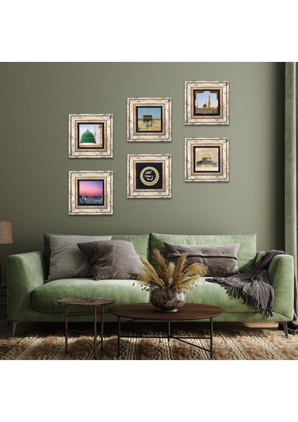 Kabe-i Muazzama, Mescid-i Aksa, Ravza-i Mutahhara, Mührü Şerif Taş Duvar Tablosu Çerçeveli Duvar Dekoru 6 Parça Tablo Seti Wall Art T6-102