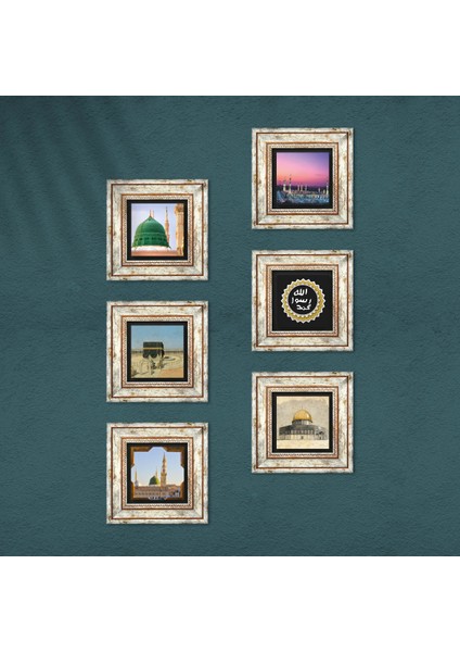 Kabe-i Muazzama, Mescid-i Aksa, Ravza-i Mutahhara, Mührü Şerif Taş Duvar Tablosu Çerçeveli Duvar Dekoru 6 Parça Tablo Seti Wall Art T6-102