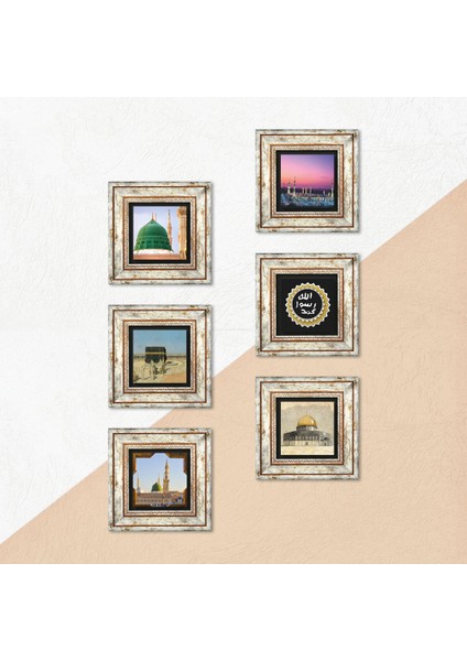 Kabe-i Muazzama, Mescid-i Aksa, Ravza-i Mutahhara, Mührü Şerif Taş Duvar Tablosu Çerçeveli Duvar Dekoru 6 Parça Tablo Seti Wall Art T6-102