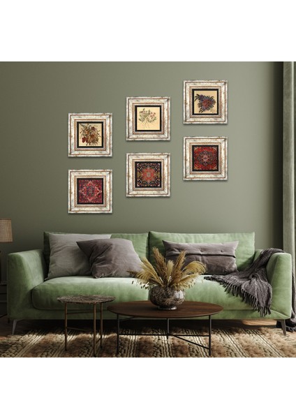 Desen, Vintage Çiçek Taş Duvar Tablosu Çerçeveli Duvar Dekoru 6 Parça Tablo Seti Wall Art T6-108