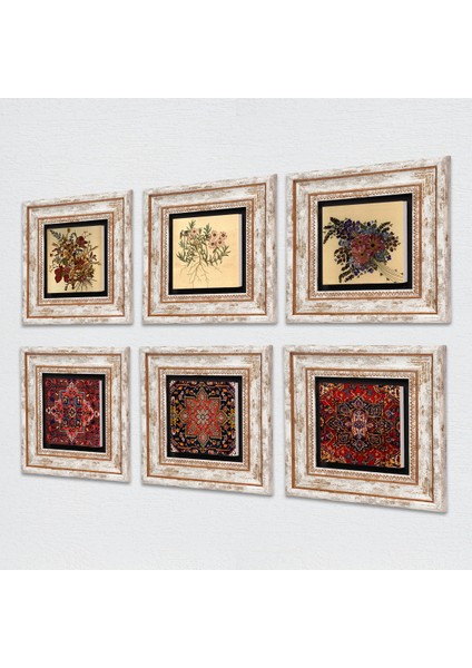 Desen, Vintage Çiçek Taş Duvar Tablosu Çerçeveli Duvar Dekoru 6 Parça Tablo Seti Wall Art T6-108