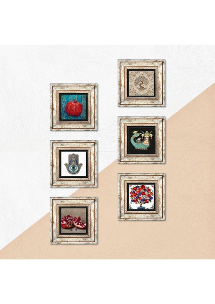 Şahmeran, Hayat Ağacı, Nar Ağacı, Nar, Fatma Ana Eli (Hamsa) Taş Duvar Tablosu Çerçeveli Duvar Dekoru 6 Parça Tablo Seti Wall Art T6-30