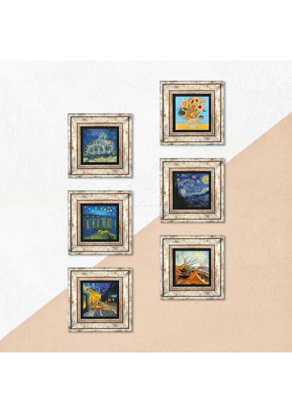 Van Gogh Taş Duvar Tablosu Çerçeveli Duvar Dekoru 6 Parça Tablo Seti Wall Art T6-47