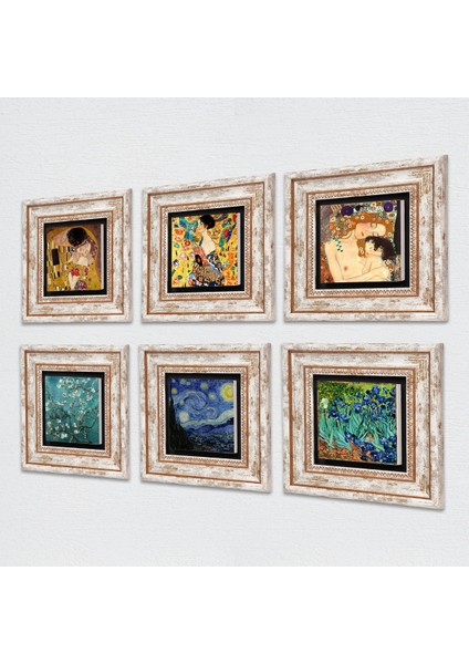 Gustav Klimt, Van Gogh Taş Duvar Tablosu Çerçeveli Duvar Dekoru 6 Parça Tablo Seti Wall Art T6-74