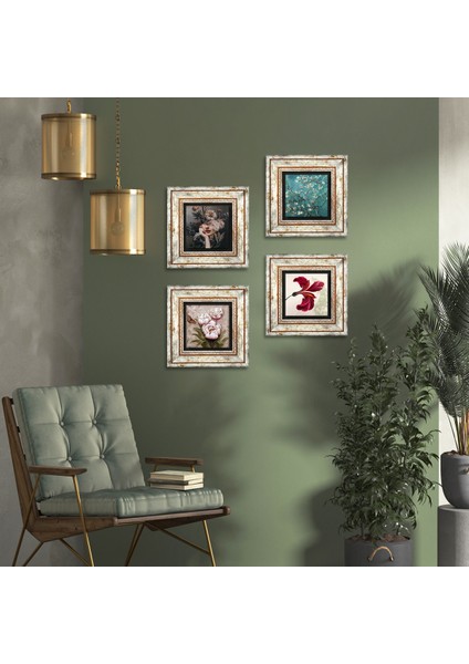 Lale, Van Gogh Badem Ağacı, Bahar Düşü Serisi, Kelebekli Çiçek Taş Duvar Tablosu Çerçeveli Duvar Dekoru 4 Parça Tablo Seti Wall Art T4-84