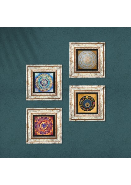Stone Mandala, Sri Yantra, Nazar Çerçeveli Taş Duvar Tablosu 4’lü Set - Dekoratif Modern Sanat, Ev ve Ofis Dekoru |TK4-85| fırsatları