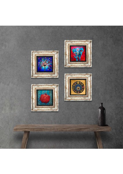 Fil, Nazar, Hayat Ağacı, Nar Çerçeveli Taş Duvar Tablosu 4’lü Set - Dekoratif Modern Sanat, Ev ve Ofis Dekoru |TK4-859|