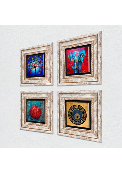 Fil, Nazar, Hayat Ağacı, Nar Çerçeveli Taş Duvar Tablosu 4’lü Set - Dekoratif Modern Sanat, Ev ve Ofis Dekoru |TK4-859| fiyatları