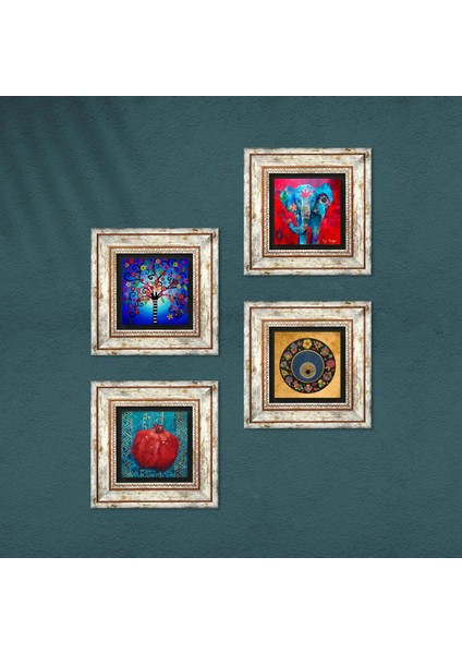 Fil, Nazar, Hayat Ağacı, Nar Çerçeveli Taş Duvar Tablosu 4’lü Set - Dekoratif Modern Sanat, Ev ve Ofis Dekoru |TK4-859| fırsatları