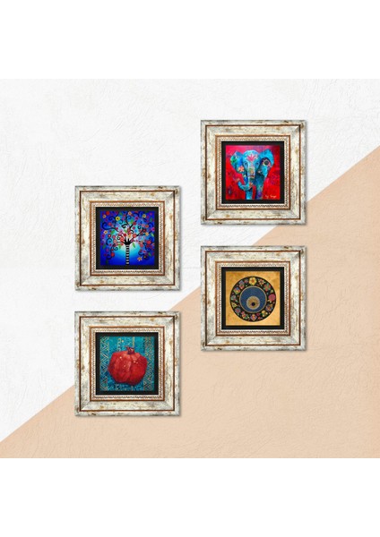 Fil, Nazar, Hayat Ağacı, Nar Çerçeveli Taş Duvar Tablosu 4’lü Set - Dekoratif Modern Sanat, Ev ve Ofis Dekoru |TK4-859| indirimleri