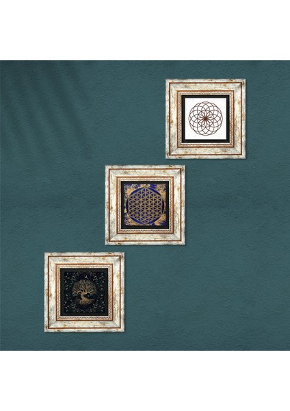 Yaşam Çiçeği, Hayat Ağacı Taş Duvar Tablosu Çerçeveli Duvar Dekoru 3 Parça Tablo Seti Wall Art T3-170 fırsatları