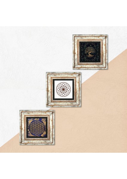 Yaşam Çiçeği, Hayat Ağacı Taş Duvar Tablosu Çerçeveli Duvar Dekoru 3 Parça Tablo Seti Wall Art T3-170 indirimleri