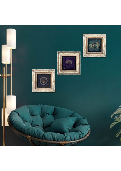 Hayat Ağacı, Nazar Taş Duvar Tablosu Çerçeveli Duvar Dekoru 3 Parça Tablo Seti Wall Art T3-1779