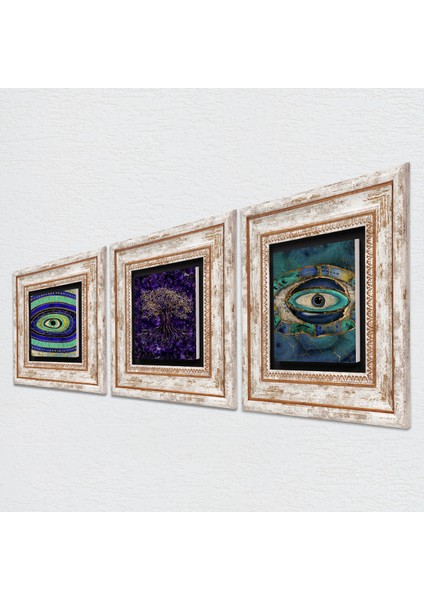 Hayat Ağacı, Nazar Taş Duvar Tablosu Çerçeveli Duvar Dekoru 3 Parça Tablo Seti Wall Art T3-1780