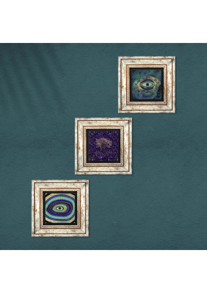Hayat Ağacı, Nazar Taş Duvar Tablosu Çerçeveli Duvar Dekoru 3 Parça Tablo Seti Wall Art T3-1780